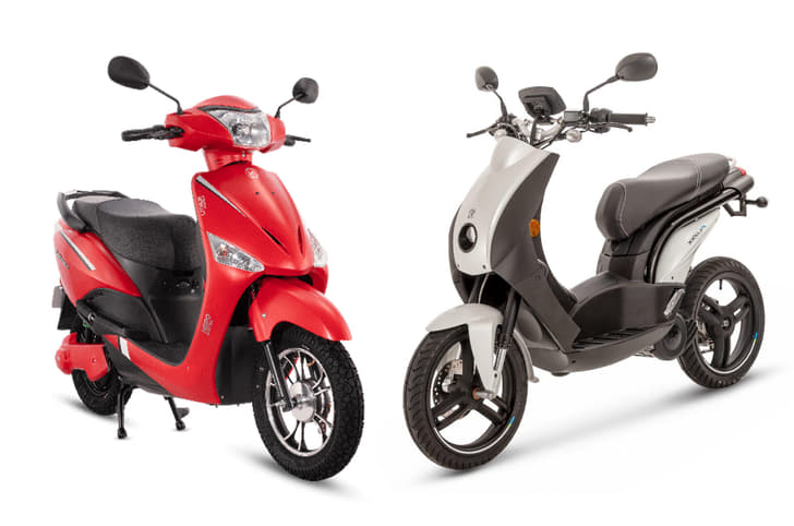 Hero Electric e-scooter next to Peugeot e-Ludix e-scooter