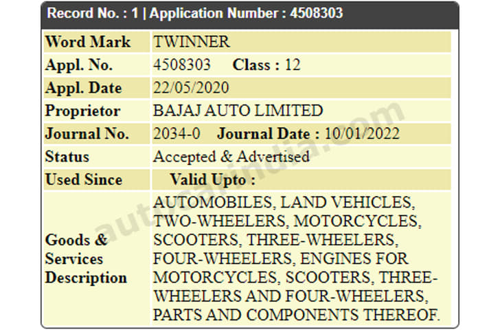 Trademark filing by Bajaj showing the Twinner name.