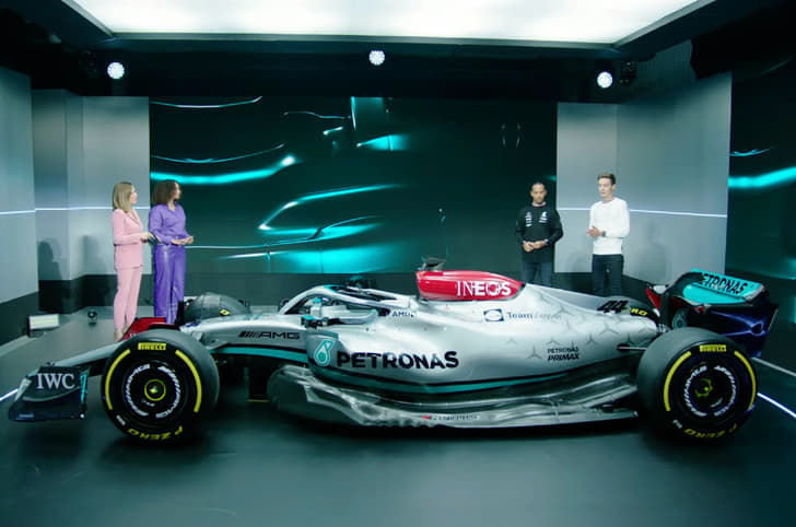 Side view of Mercedes' F1 2022 challenger, the W13