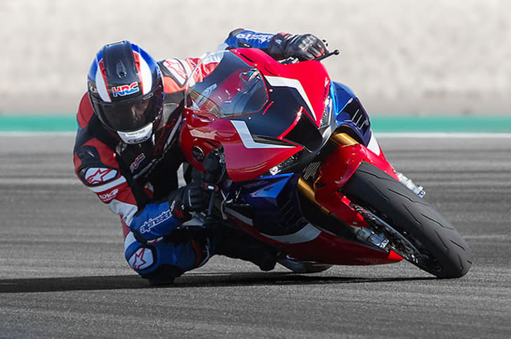 The Honda CBR1000RR-R Fireblade taking a corner.