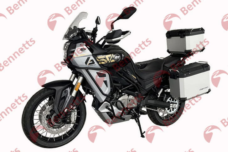 The upcoming 650cc ADV from QJMotor, seen here equipped with wire-spoke wheels and with luggage.