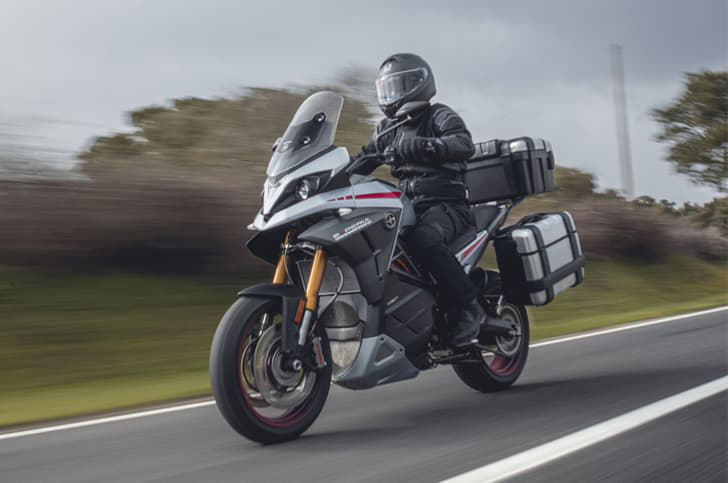 Front tracking shot of the Energica Experia electric ADV.