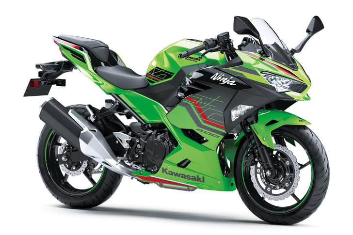 Front three-quarter shot of the Kawasaki Ninja 400.