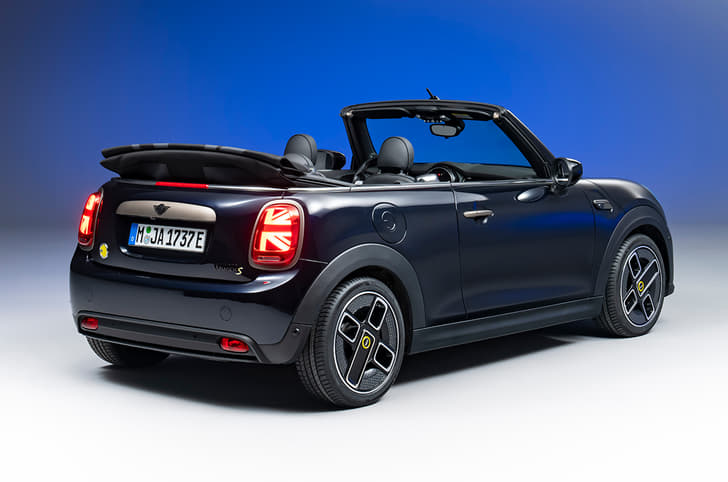 Mini Cooper SE 3-door electric convertible rear quarter