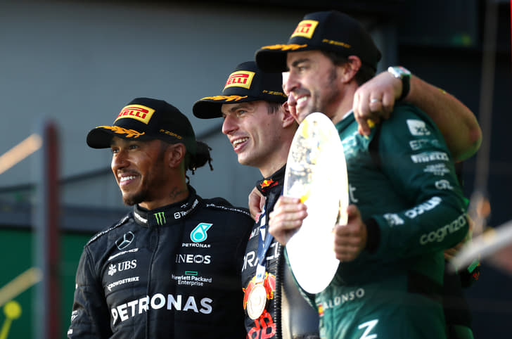 2023 F1 Australian GP podium: Hamilton, Verstappen, Alonso