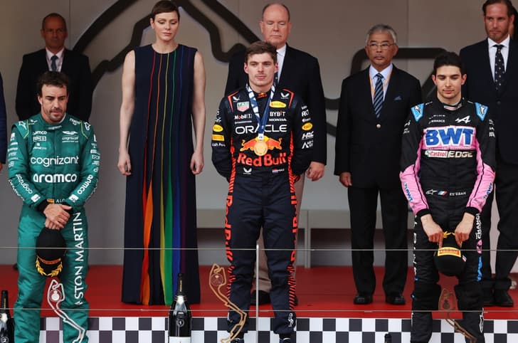 Fernando Alonso, Max Verstappen, Esteban Ocon on Monaco GP podium