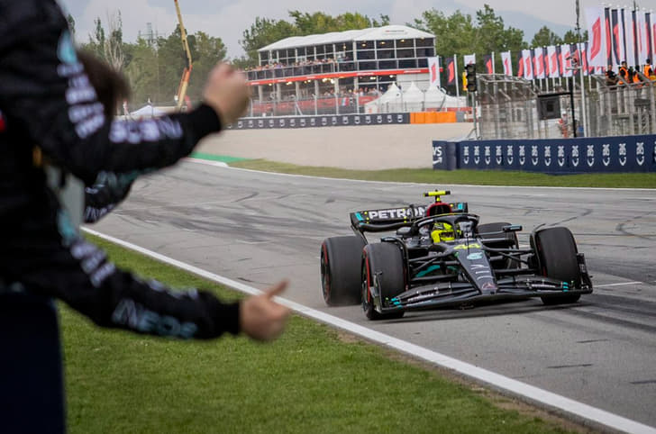 Lewis Hamilton crosses chequered flag at Spanish GP