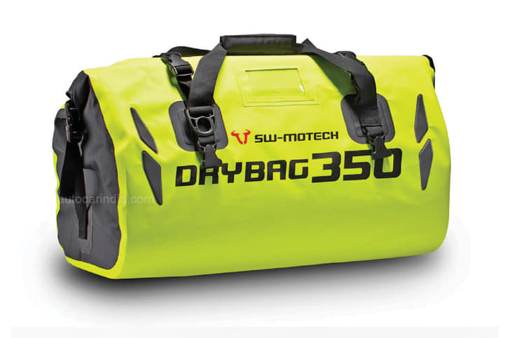 SW Motech Drybag 350 neon yellow. SW Motech drybag 35 litres price in India, mounting, sturdiness.