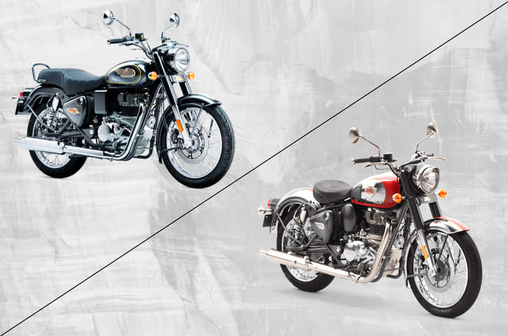 Royal Enfield Bullet 350, Classic 350 composite image. Royal Enfield Classic price, Bullet 350 colours, design