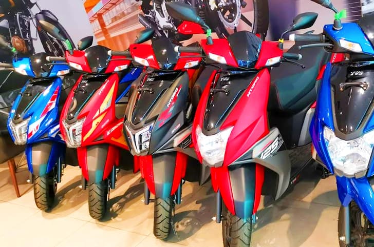 TVS Ntorq 125 super squad edition showroom image. TVS Ntorq 125 price, scooter, bike sales 2024 January.