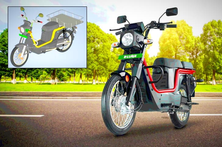 Kinetic E Luna colours, range, load capacity. Kinetic Luna electric moped, luggage carrier.