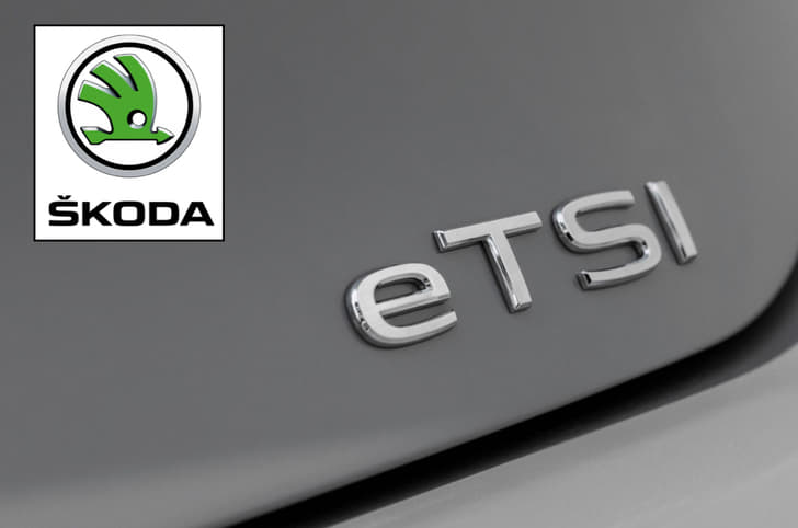 Skoda logo; VW mild hybrid TSI engine Skoda logo; VW mild hybrid TSI engine