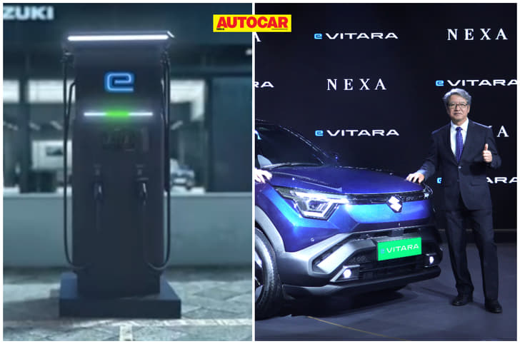Maruti e Vitara with Toshihiro Suzuki and Suzuki DC fast charger at Nexa dealership Maruti e Vitara with Toshihiro Suzuki and Suzuki DC fast charger at Nexa dealership