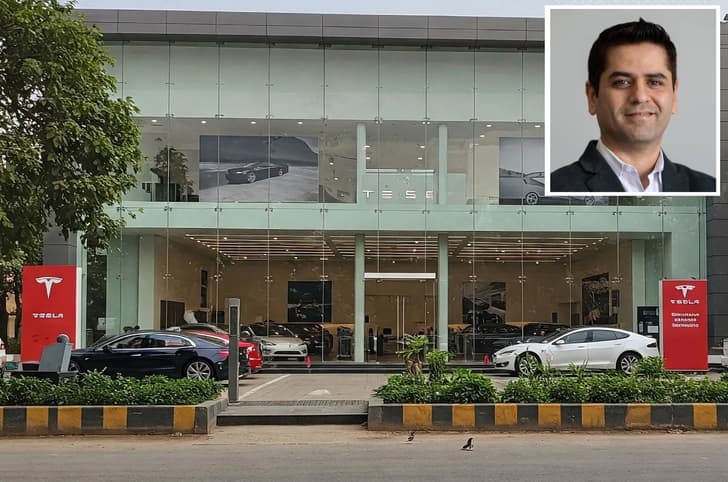 Tesla showroom and Tesla CFO Vaibhav Taneja inset 
