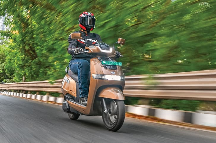 TVS iQube 2.2 front three quarter riding shot
