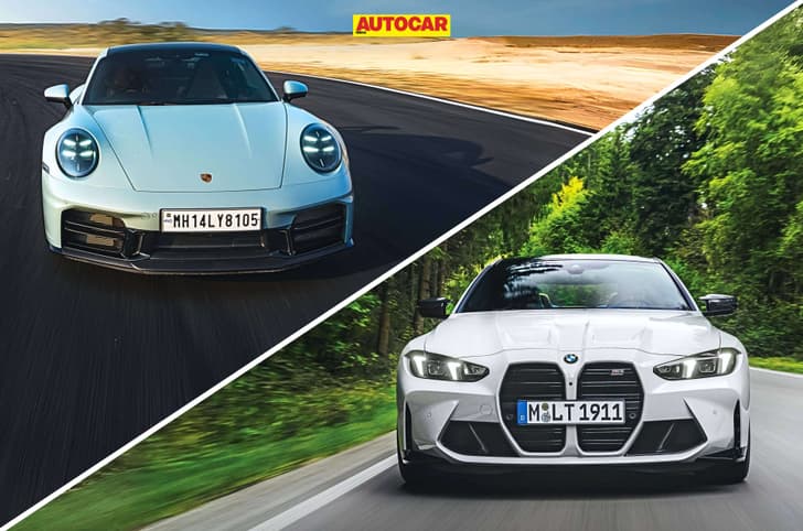 Porsche 911 Carrera vs BMW M4 Competition front shot in motion