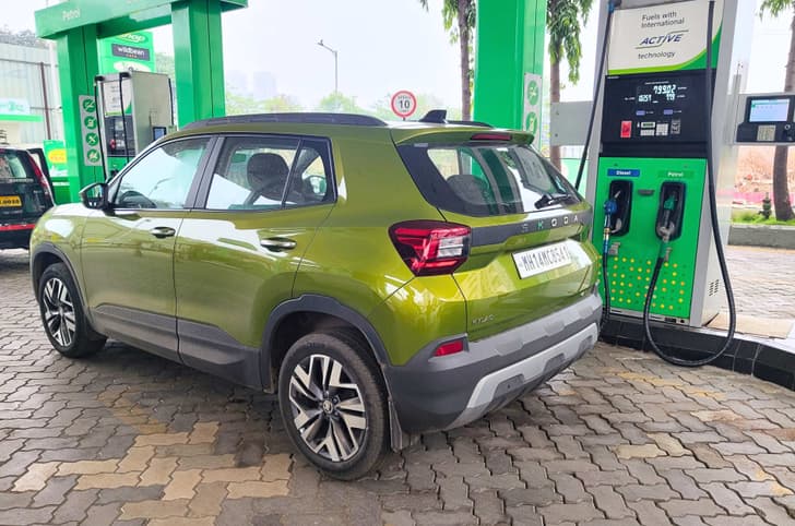 Skoda Kylaq rear petrol pump filling at fuel efficiency test Skoda Kylaq rear petrol pump filling at fuel efficiency test