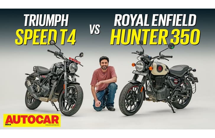RE Hunter 350 and Triumph Speed T4 in studio
