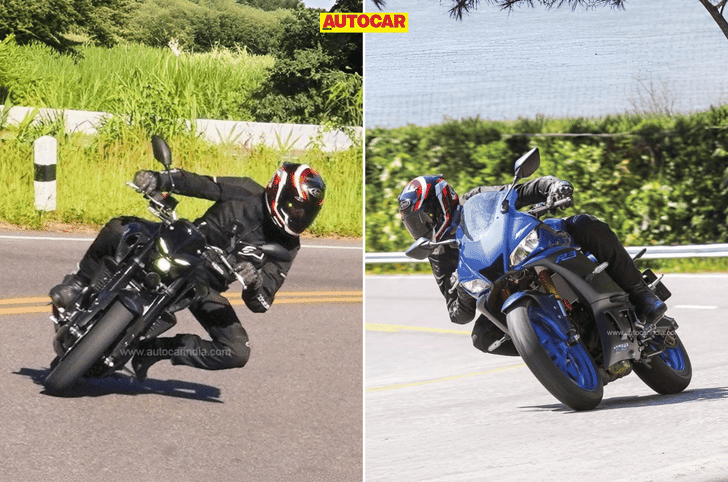 Yamaha R3 and MT03 cornering shot on highway