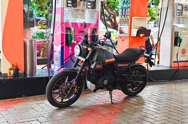 Royal Enfield Scram 440 at a petrol pump