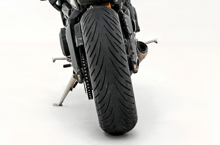Eurogrip Roadhound rear tyre on a Triumph Street Triple RS in studio