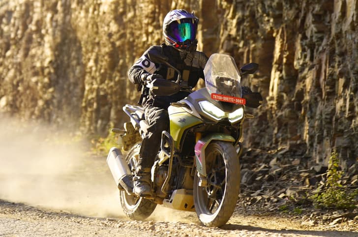 TVS Apache RTX 300 front right side riding shot off road