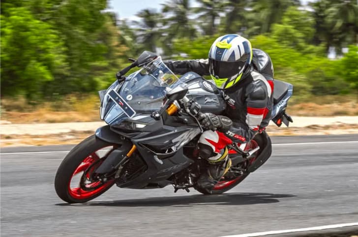 Apache RR310 cornering shot on track.