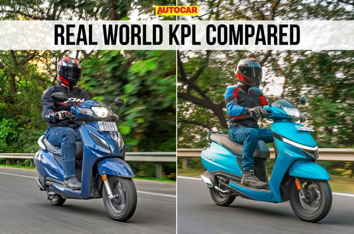 Honda Activa and TVS Jupiter front right angle tracking shot on road