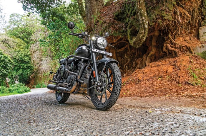 Eurogrip tyres shod on Royal Enfield Classic 350 parked on side of road
