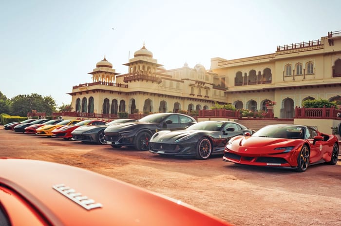 Ferrari Rajasthan drive line-up in front of Rambagh Palace