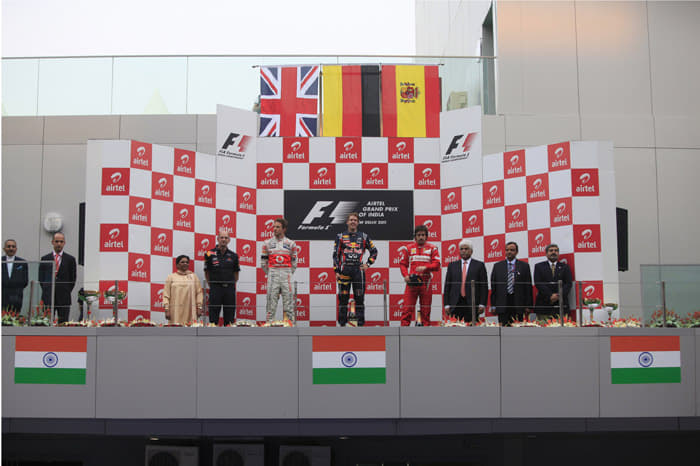 Three top finishers – Vettel, Button and Alonso in the post-race press conference.