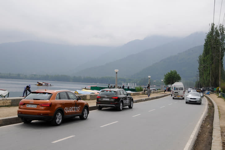 The Audis parked in front of Dal lake.