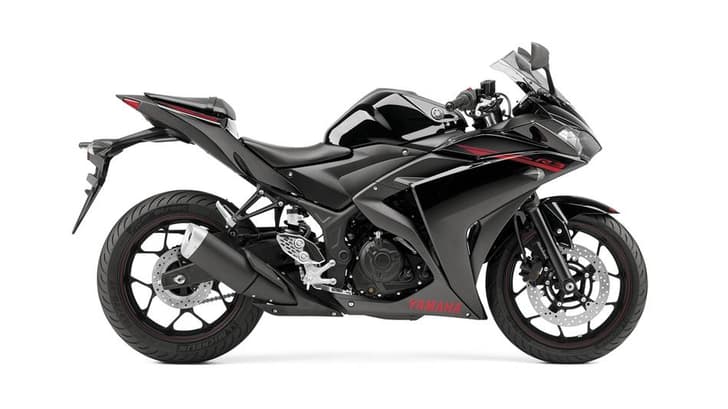 Yamaha YZF-R3 side profile in black.