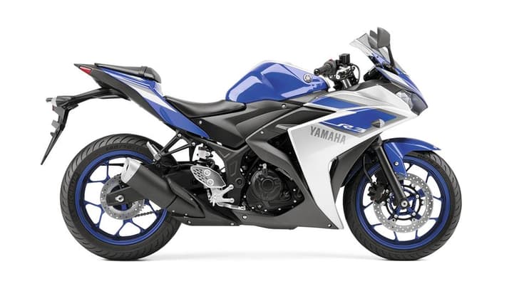 Yamaha YZF-R3 side profile in traditional Yamaha blue and silver