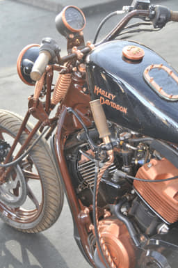 A modified Harley-Davidson with hand shifted gears seen here. 