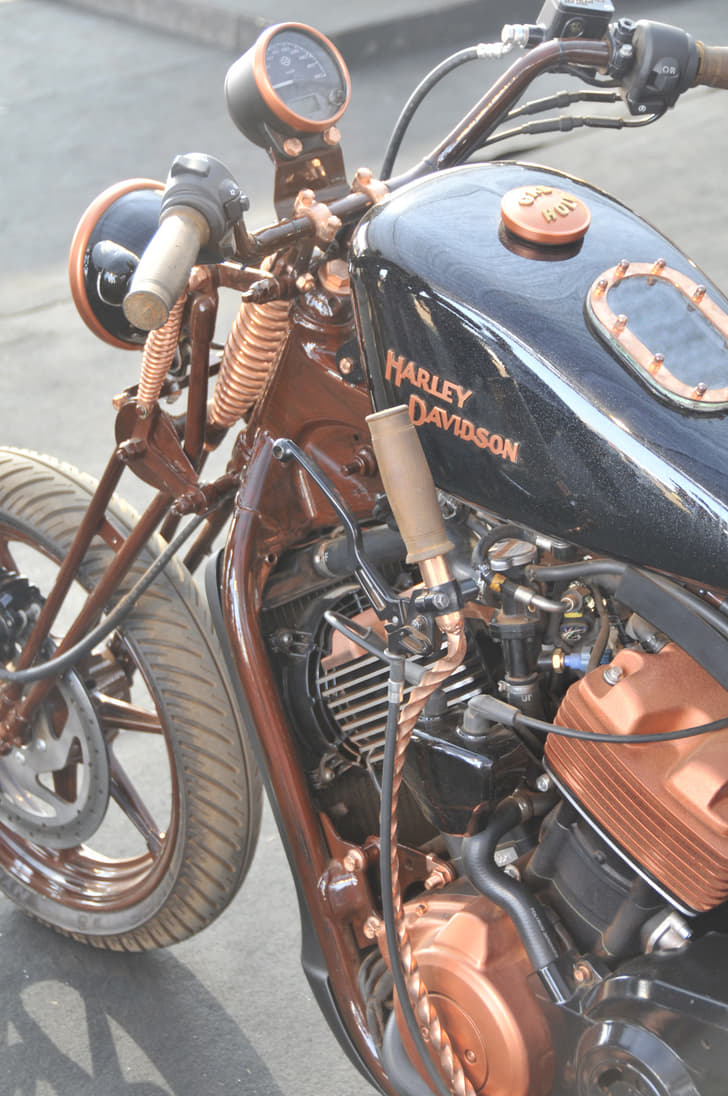 A modified Harley-Davidson with hand shifted gears seen here. 