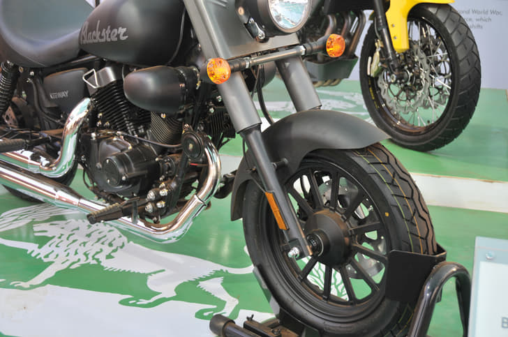 Telescopic front suspension with a single front disc brake is seen here.