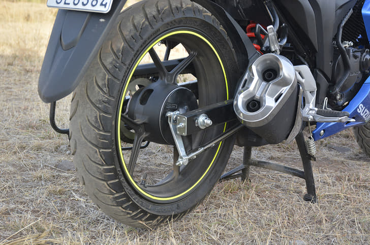Twin port exhaust with titanium finish on the Gixxer SF, which also absorbs heat.