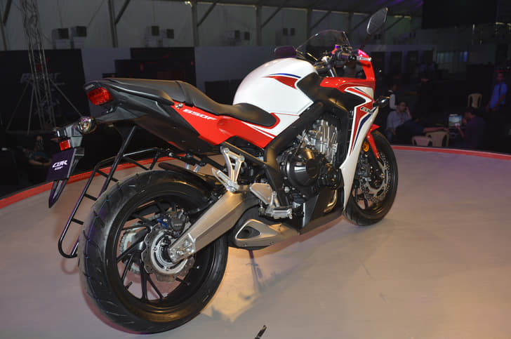 A rear 3/4th profile of the Honda CBR 650F.