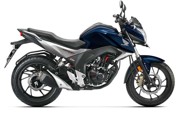 Honda CB Hornet 160R side profile view in blue.