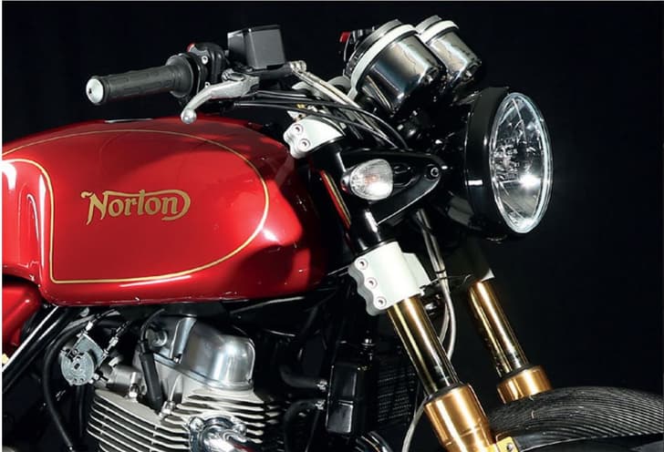 Norton Commando front view closeup in red.