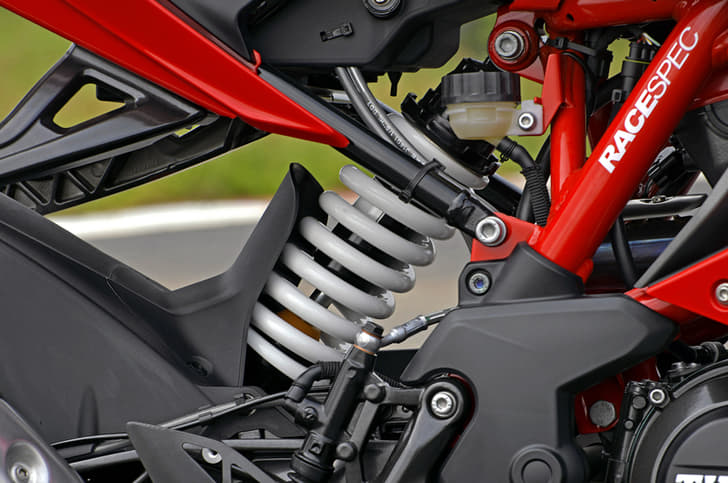 The Apache RR 310's monoshock is adjustable for preload.