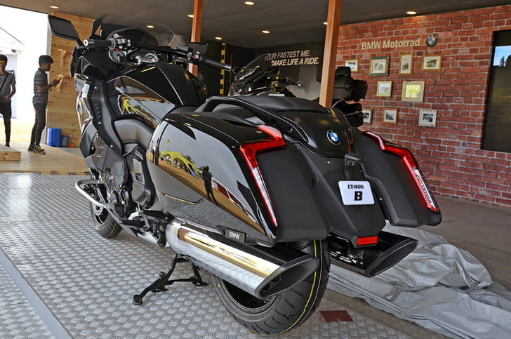 BMW K1600B rear three-quarters.