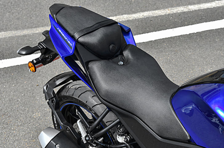 Rider seat is spacious, pillion perch still quite high up.