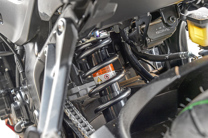 Monoshock is preload adjustable. Overall ride is slightly firm. 