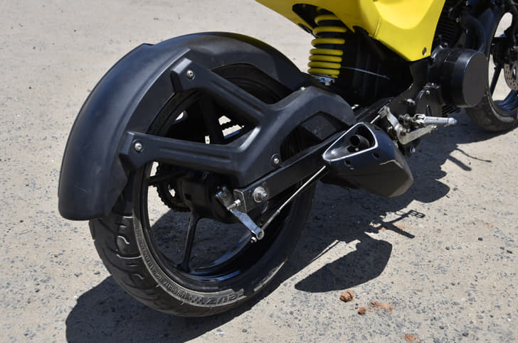 Extended swingarm to accommodate the hybrid systen.