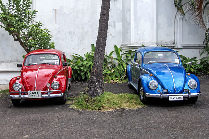 Hanosh Mascarenhas’ red Beetle gives company to Durai Mohan V’s blue-and-silver Beetle, which came in from Chennai.