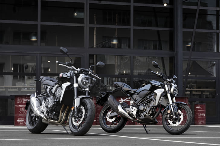 The CB300R alongside the litre-class CB1000R.