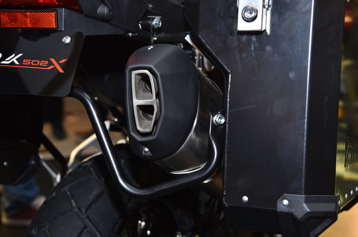 The exhaust is raked upwards on the TRK 502.