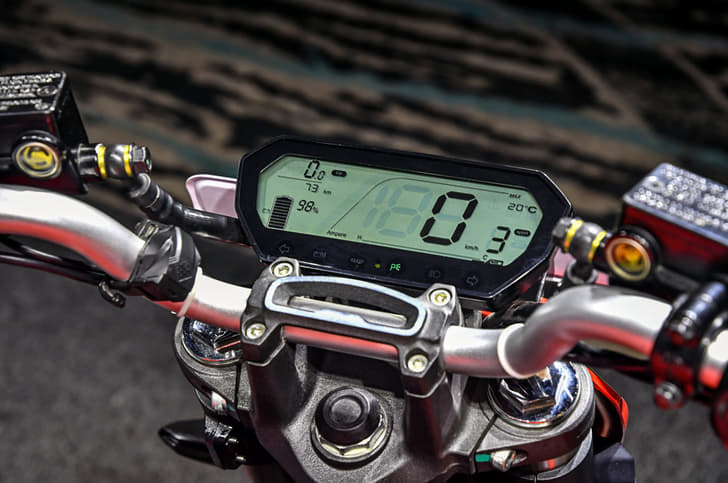 The fully-digital dash displays multiple statistics.